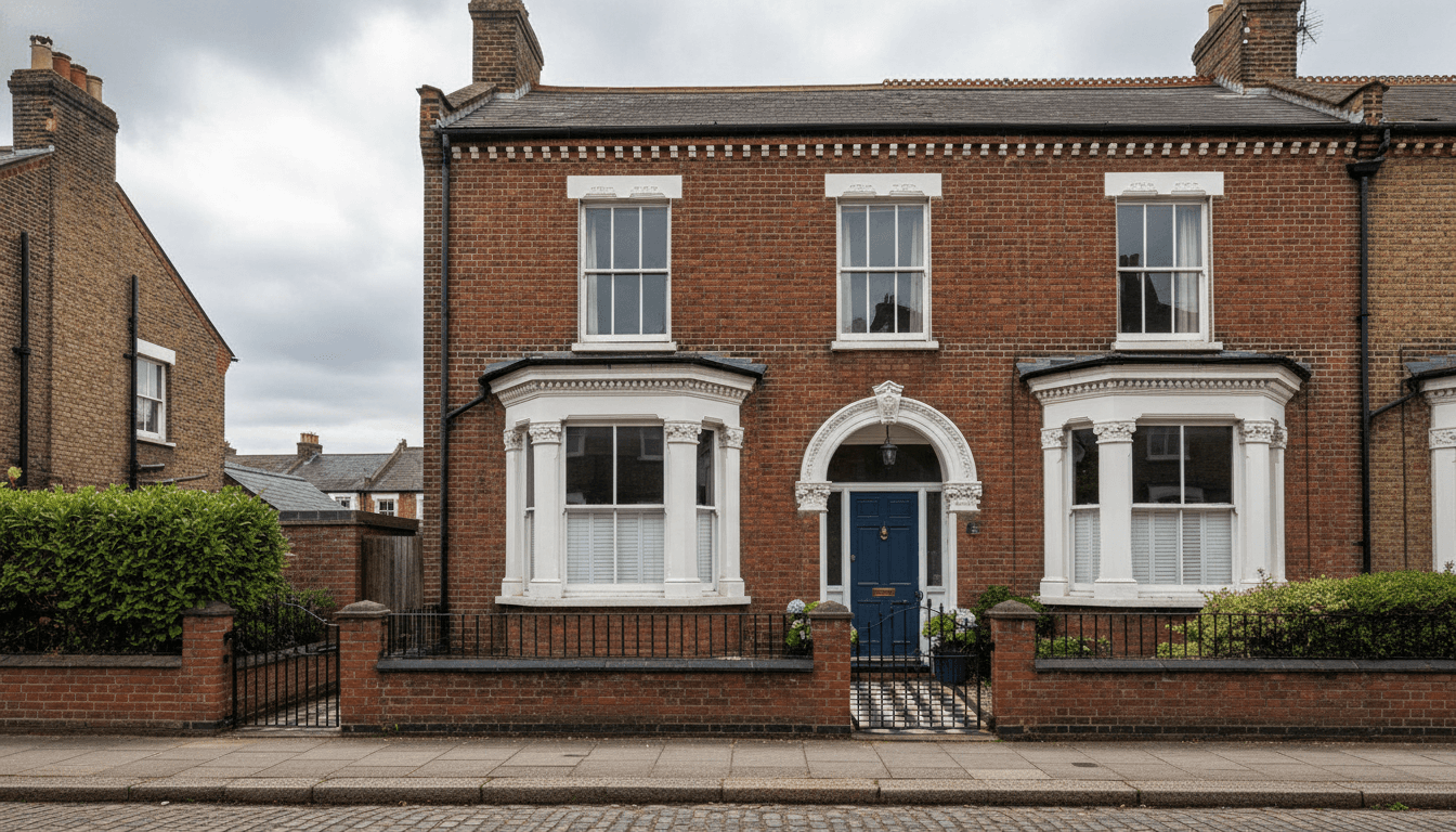 Victorian red brick terraced house with bay windows — popular auction property type