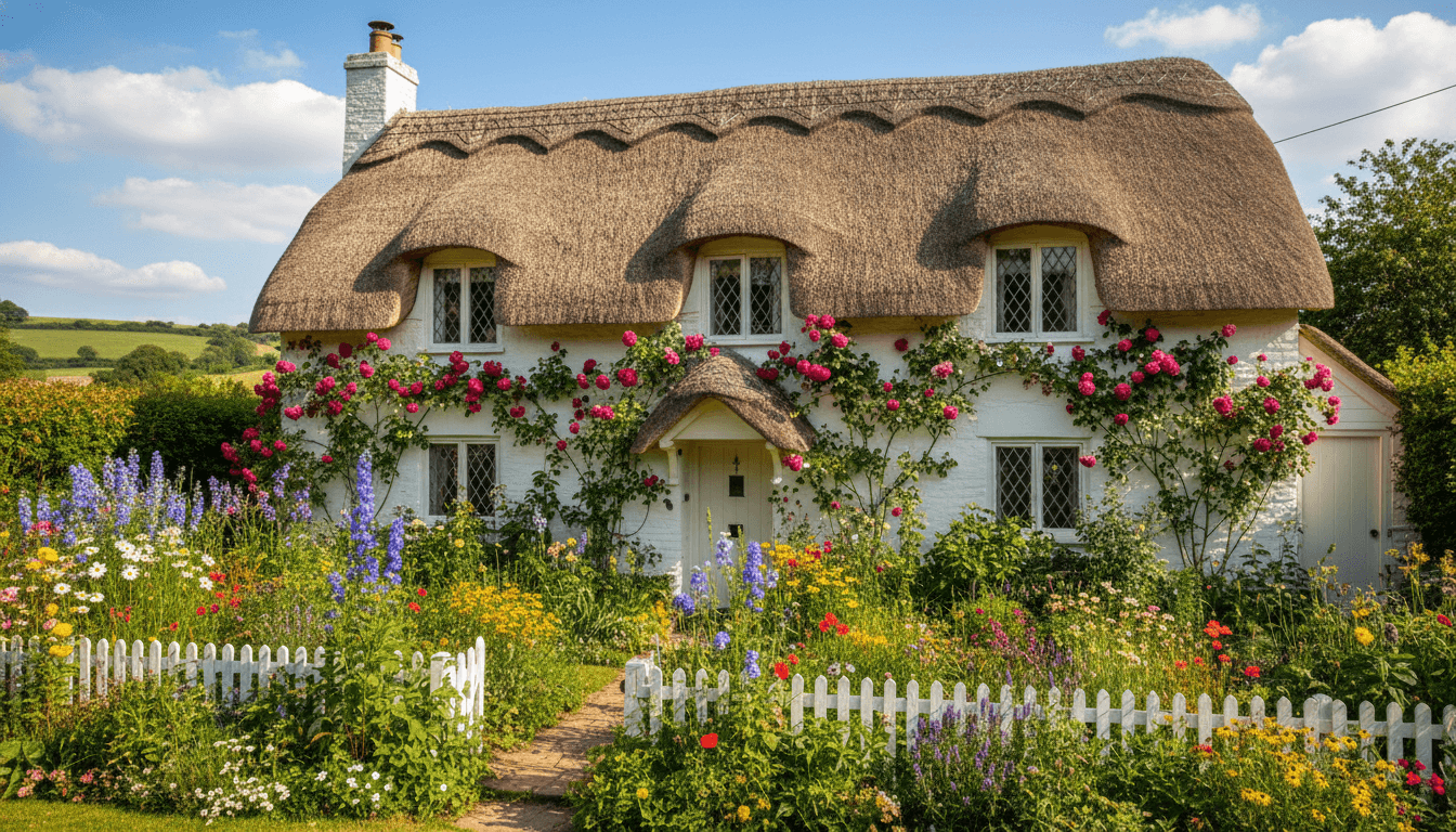 English thatched cottage with climbing roses — charming rural auction lot