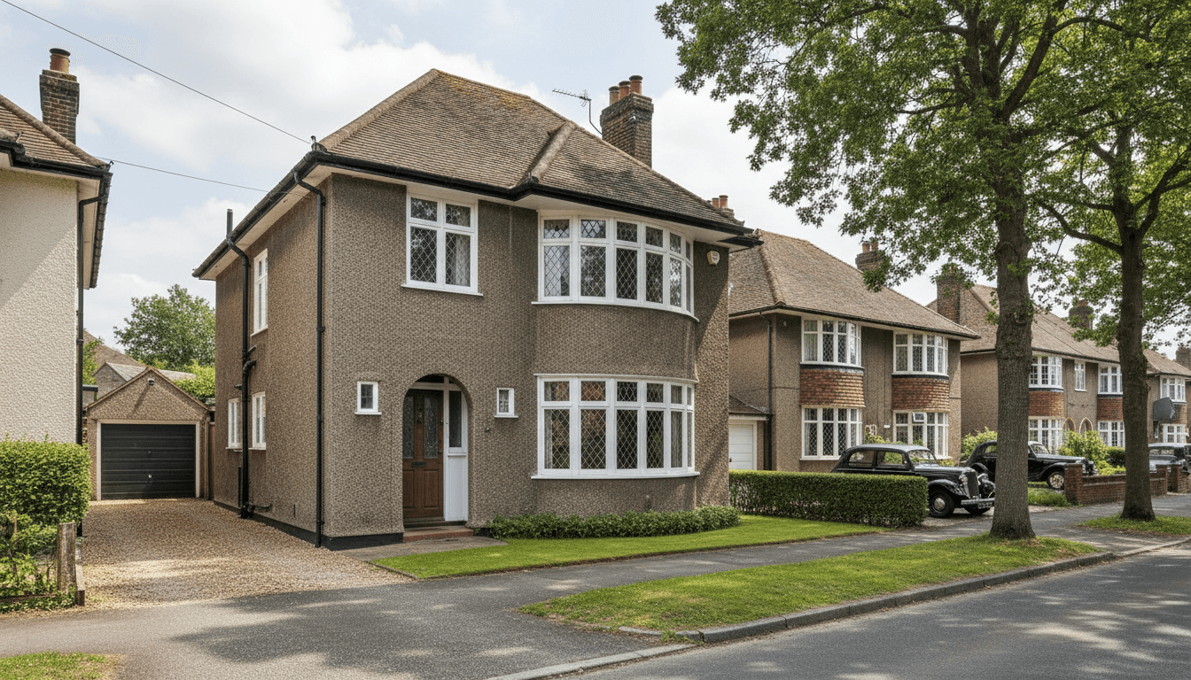 1930s English semi-detached house with bay window — suburban auction property