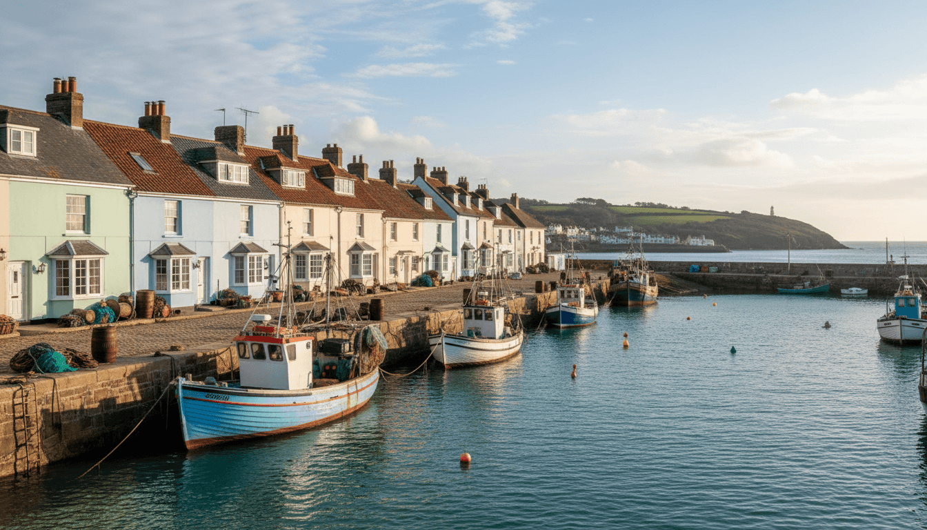 Colourful English seaside cottages on a harbour front — coastal auction property